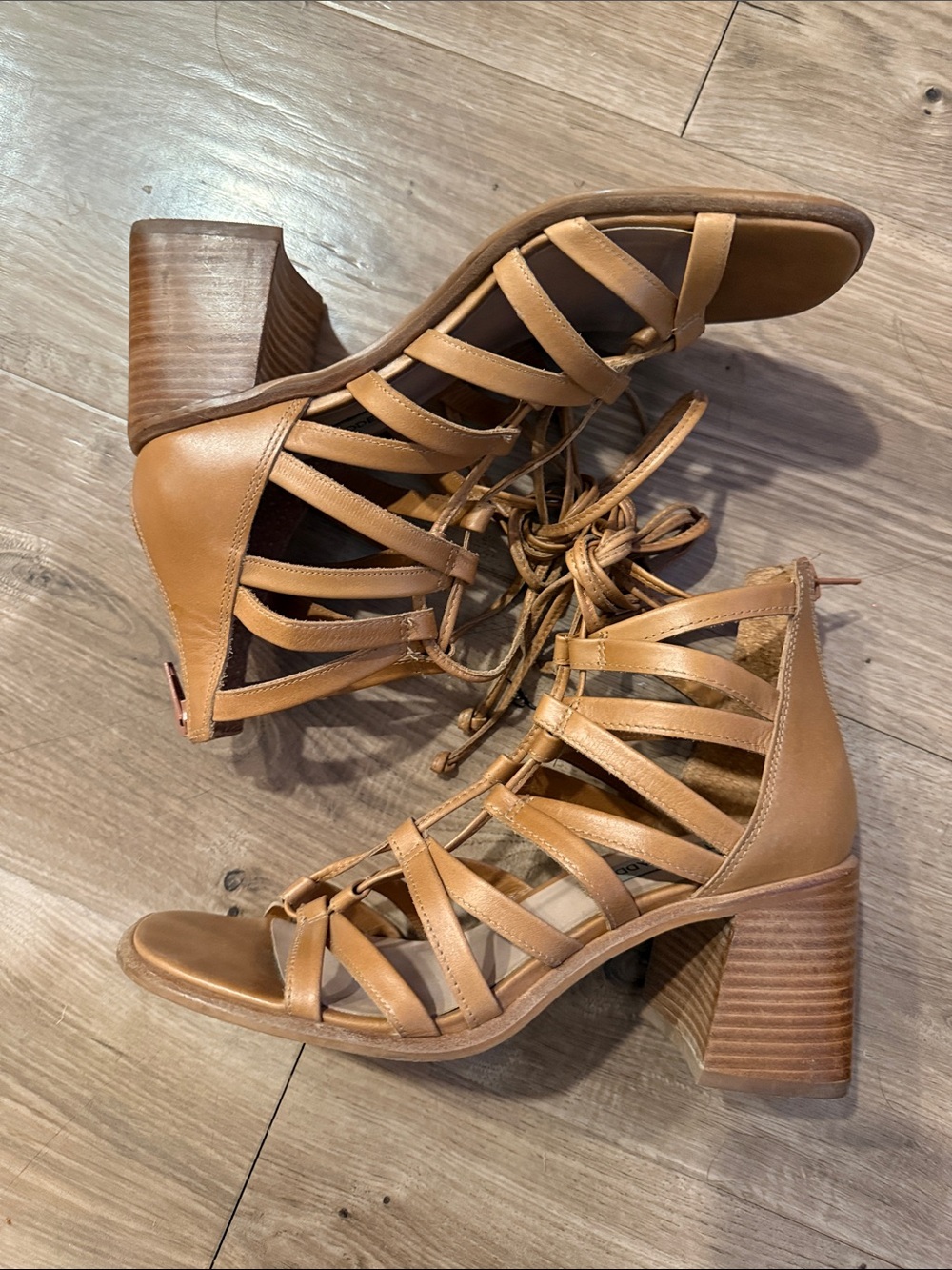 Steve Madden Tan Strappy Lace-Up Block Heel Sandals - Women
